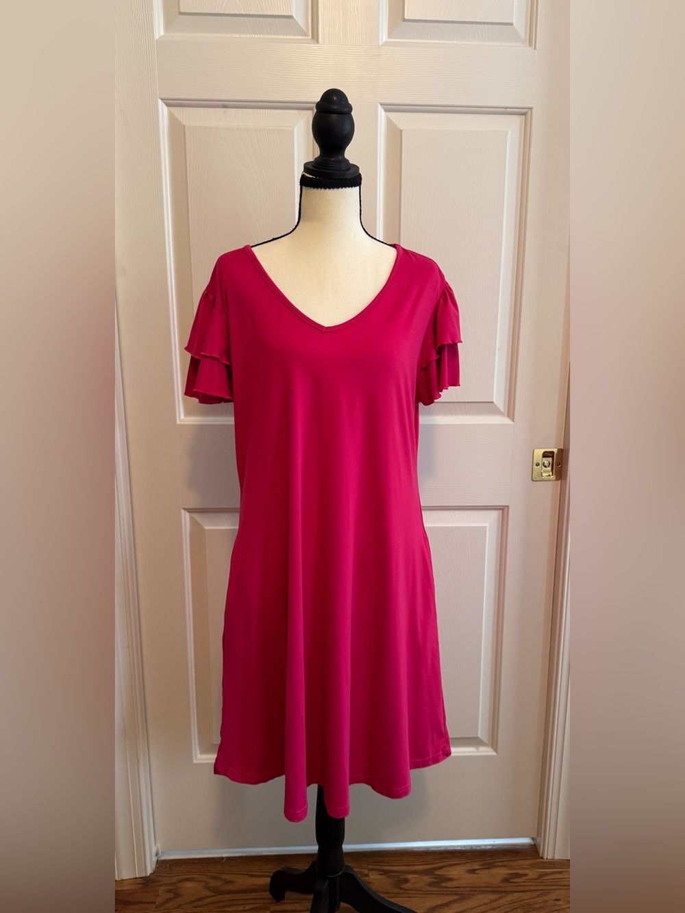 Women's Casual Dresses Ruffle Short Sleeve V-Neck Dress with Pockets Size L